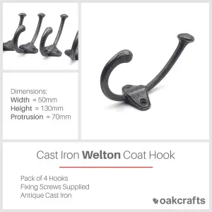 Oakcrafts - Antique Cast Iron Welton Coat Hook - Pack of 4 Hooks