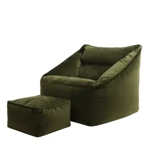 icon Natalia Velvet Armchair Bean Bag and Footstool Set Olive Green Giant Bean Bag Chair