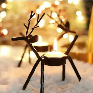 6x Christmas Reindeer Tea Light Candle Holders & Tealights Xmas Home Decor Gift