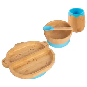 Tiny Dining - Monkey Bamboo Suction Baby Feeding Set - Blue - 4pc