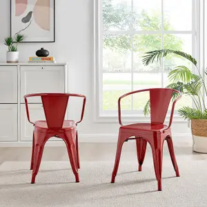 Furniturebox UK 4 Seater Wood Dining Table - Cotswold 'Oak' Herringbone Dining Table & 4 Red Colton Retro Metal Arm Chairs