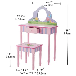 Teamson Kids Dressing Table, Play Vanity Set with Mirror & Stool, Magic Garden - Pink/Multi