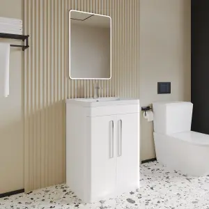 600mm - Floor Standing 2 Door Vanity Unit with Ceramic Basin - Gloss White