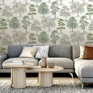 Rasch Cotswold Green Water coloured effect Trees Smooth Wallpaper