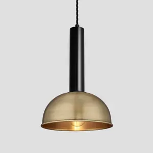 Industville Sleek Cylinder Dome Pendant Light, 8 Inch, Brass, Black Holder