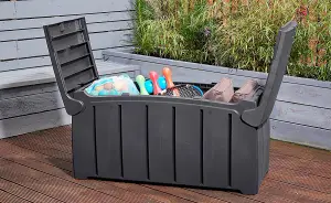 Black 115cm x 55cm x 60cm Butterfly Opening Top 300 Litre Large Garden Storage Box Weatherproof with Padlock Hole