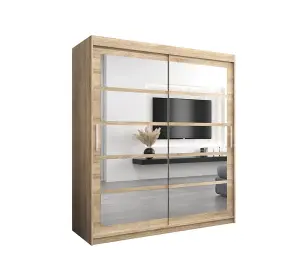 Roma II Oak Sonoma Spacious Sliding Door Wardrobe H2000mm W1800mm D620mm with Mirrored Panels and Silver Handles