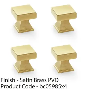 4 PACK - Chunky Square Cupboard Door Knob - 30mm - Satin Brass Kitchen Unit Pull Handle