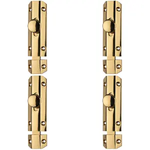 4 PACK - Surface Mounted Flat Sliding Door Bolt Lock 102mm x 36mm Polished Brass