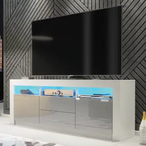 TV Unit 160cm Sideboard Cabinet Cupboard TV Stand Living Room High Gloss Doors - White & Grey