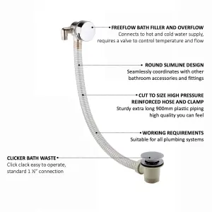 ENKI Freeflow Chrome Round Clicker Bath Filler with Overflow & Waste Slimline