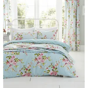 Canterbury Floral Reversible Double Duvet Cover Set with Pillowcases with Pillowcases Cornblue / Single - 1 Standard Pillowcase