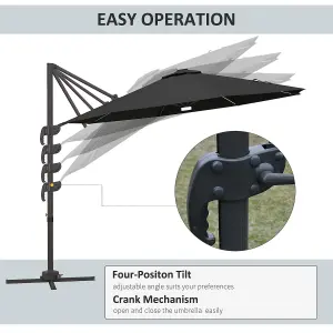 Outsunny 3(m) LED Cantilever Parasol Outdoor with Base Solar Lights Dark Grey