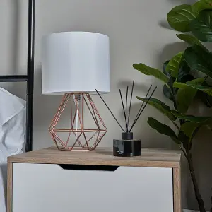 ValueLights Pair of Copper Metal Basket Cage Bed Side Table Lamps with White Fabric Shades With LED Golfball Bulb In Warm White