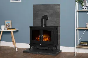 Acantha Tile & Hearth Set in Slate Venetian Plaster Effect with Woodhouse Stove & Angled Pipe