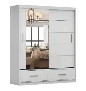 Florence Matt White Carcass with Glossy White Front Mirrored Sliding Door Wardrobe W1500mm - Two Drawers and Six Shelves