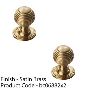 2 PACK - Reeded Ball Door Knob - 35mm Satin Brass Lined Cupboard Pull Handle & Rose