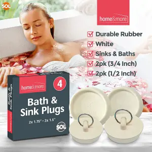 4pk Rubber Bath Plugs & Sink Plugs - 3/4 Inch & 1/2 Inch - Universal Bath Plug UK - Universal Plug for Sinks Kitchen Sink Plug