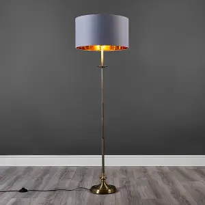 ValueLights Belmont Traditional Style Antique Brass Sconce Floor Lamp with Grey/Gold Drum Shade - Includes 6w LED Bulb 3000K