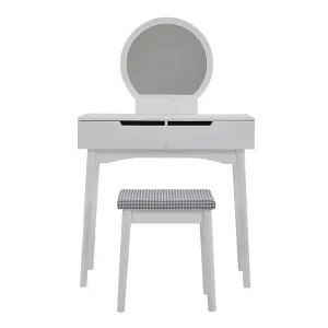 Dressing Table and Chair Set,White Wooden Dressing Table Mirror Desk with Drawer and Dressing Stool