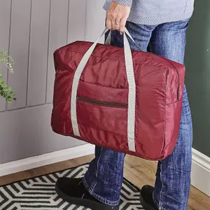 Foldable Travel Bag - Handy Red Berry Polyester Zip Up Duffel Weekend or Gym Bag - Measures 44cm x 28cm x 14cm