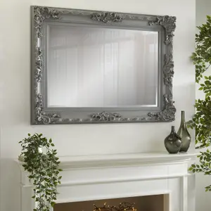 Wall Mirror Carved Louis Rectangular Shape with Grey Ornate Frame- H110cm x W 80cm x D 6.5cm for Hang it on a Gallery Wall