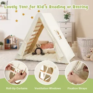 Costway 2-in-1 Triangle Climbing Set Kids Wooden Climbing Play Tent with 7cm Thick Pad