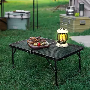 Black Aluminum Alloy Portable Outdoor Folding Camping Table with Mesh Top, Stability Brackets, and Storage Bag