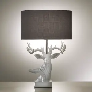 White Resin Stag Table Lamp with Sculptured Antlers with Grey Table Lamp Shade