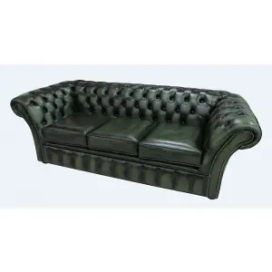 Chesterfield 3 Seater Antique Green Leather Sofa Bespoke In Balmoral Style