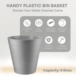 MantraRaj Pack Of 2 Plastic Waste Paper Bin 6L Round Waste Basket Trash Can Lightweight Rubbish Bin (Grey)