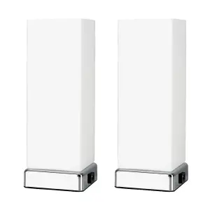 ValueLights Lazio Pair of Chrome and White Modern Frosted Glass Bedside Touch Table Lamps with USB Charging Ports