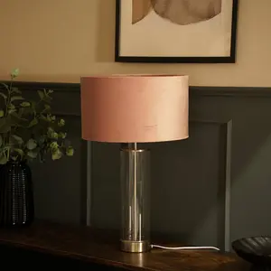 Simonetta Matt Gold and Clear Tube Table Lamp with Blush Velvet Reni Shade and 6W GLS Warm White Bulb Silver / Blush / No