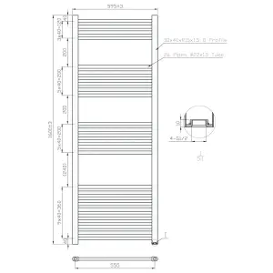 600x1600mm Matt Black Heated Towel Warmer Ladder Rail Radiator