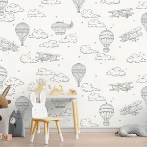 Roomblush Nursery Hot air Ballon Sky 4 Lane Repeatable Wallpaper Mural 200 x 285cm, Black