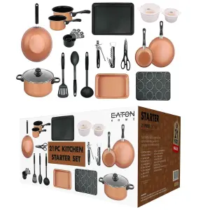 Copper 21 Pcs Kitchen Cookware Saucepan Utensil Pot Pan Bakeware Starter Set