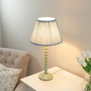 ValueLights Bobbles Sage Green Bobbin Table Lamp with Blue Pleated Shade