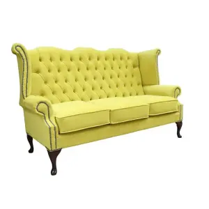 Chesterfield 3 Seater High Back Sofa Amalfi Buttercup Yellow Velvet Fabric In Queen Anne Style