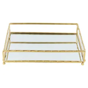 URBNLIVING Height 4cm Set of 2 Gold Metal Frame Square Mirror Tray Set Vanity Perfume Makeup Candle Trinket Tray