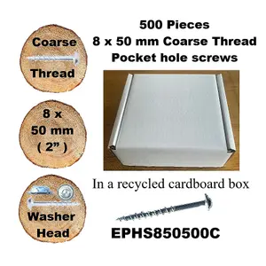 Pocket Hole Screws for Softwoods, 50mm Long, Pack of 500, Coarse Self-Cutting Threaded Square Drive, EPHS850500C, EPH Woodworking