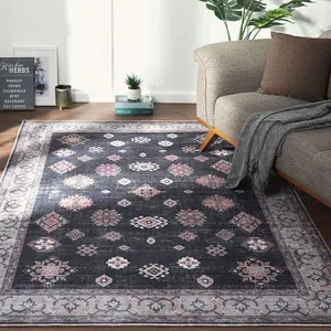 Black Bordered Floral Rug For Bedroom, & Living Room, 7mm Thick Stain-Resistant Traditional Rug - 120cm X 170cm