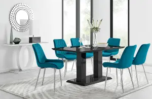 Imperia Black High Gloss 6 Seater Dining Table with Structural 2 Plinth Column Legs 6 Blue Velvet Silver Leg Pesaro Chairs