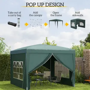 Outsunny 3mx3m Pop Up Gazebo Party Tent Canopy Marquee with Storage Bag Green