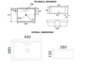 Bathroom Countertop Basin Sink 490mm White Ceramic Rectangle Cloakroom Sit On UP