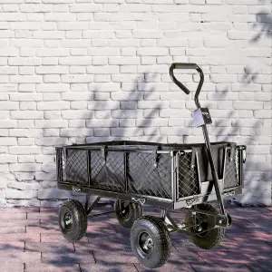 Garden TRAILER Cart Pull Along Trolley 350kg Heavy Duty Black Mesh Utility Gardeners Wagon with Removable Liner & Folding Sides