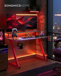 SONGMICS HOME Gaming Desk with LED Lights, Z-Shaped Computer Desk with Monitor Stand, Cup Holder and Headphone Hook