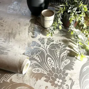 Belgravia Plaster Damask P2317 Luxury Silver Cream Metallic Wallpaper