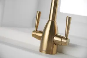 Deva Carlow Dual Lever Kitchen Sink Mixer Tap In Brushed Brass - Sleek & Durable Swan Neck Design - With Swivel Spout