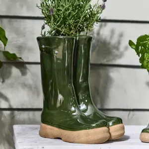 Dark Green Wellington Boots Large Indoor Outdoor Flower Pot Garden Planter