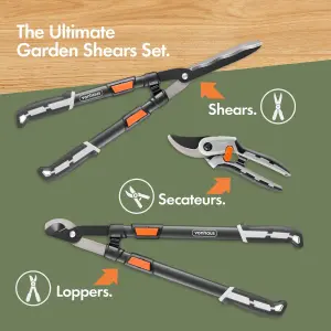 VonHaus 3Pc Garden Shears Set - Pruning Set, Tree Lopper, Secateurs & Shears w/ Soft Grip Telescopic Handles & High Quality Blades